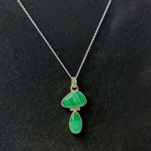 Natural Malachite Mushroom Shaped Gemstone Pendant Sterling Silver 18 inch Chain